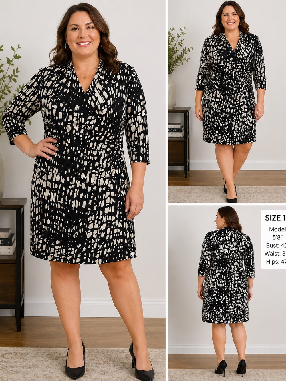 Coldwater Creek XL 16 Black Ivory Abstract Print Wrap Dress 3/4 Sleeve